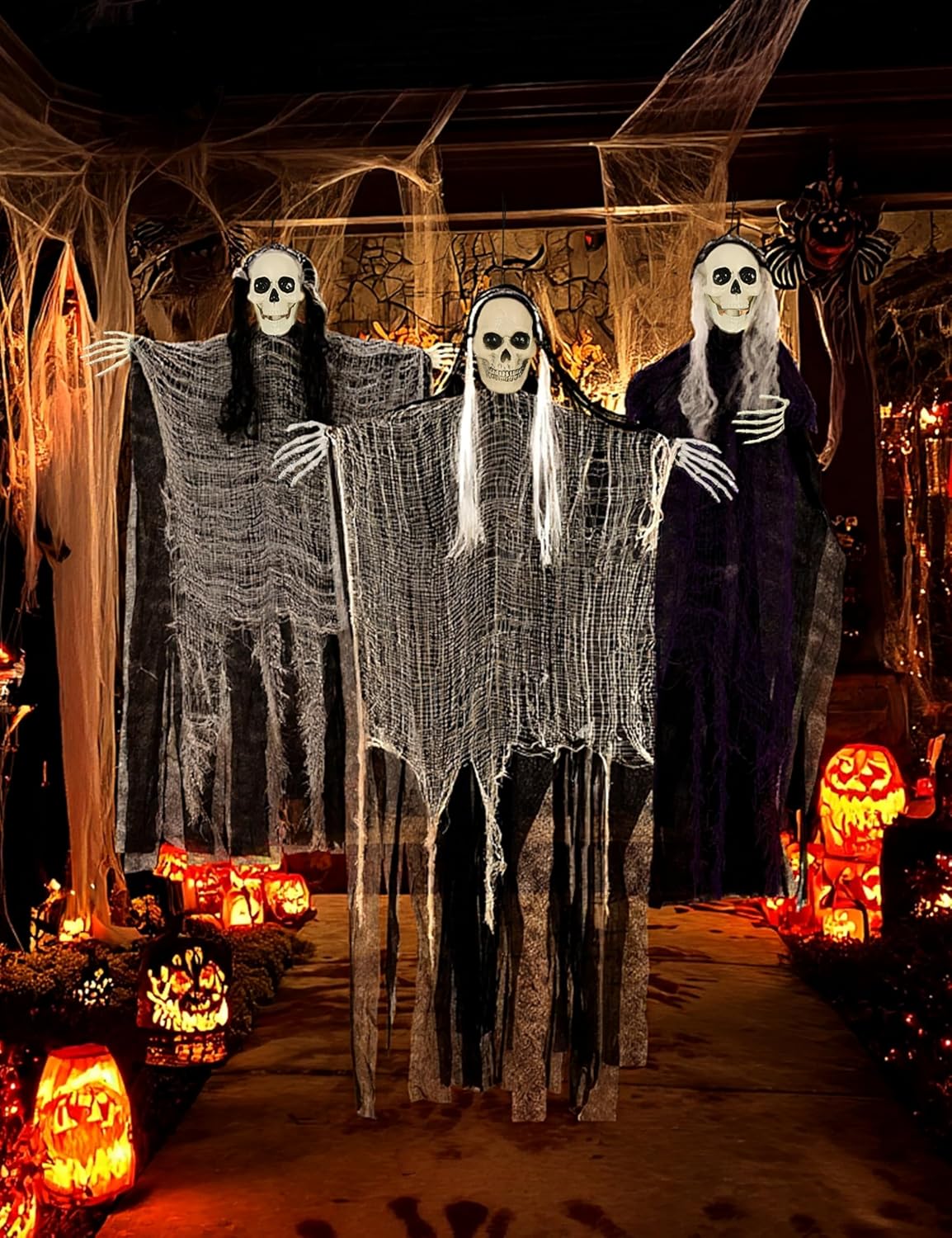 3 Pack Hanging Halloween Skeleton Ghosts Decor - Grim Reapers Flying Ghost with Adjustable Arms for Haunted House Prop Party Indoor Halloween Decorations Outdoor
